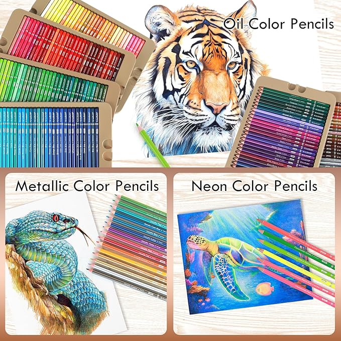 180 Colored Pencil Set for Adults & Artists, Rich Pigment Soft Core, 15 Metallic Pencils, 6 Neon Pencils, Ideal for Coloring Drawing Sketching Shading Blending, Vibrant Colors (Tin Case)