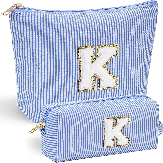 YOOLIFE Initial Makeup Bag | Teen Girl Gifts Trendy Stuff | Gifts for 3 4 5 6 7 8 9 10 11 12 13 Year Old Girls | Makeup Bag for Girls Birthday Gift for Kids Blue K