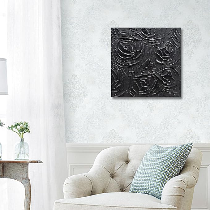 Art Hand-Painted Abstract Three-Dimensional Textured Black Rose Flower Art Oil Painting, 24x24 inches. Modern Minimalist Style Art. Suitable for Wall Decoration in Home Office