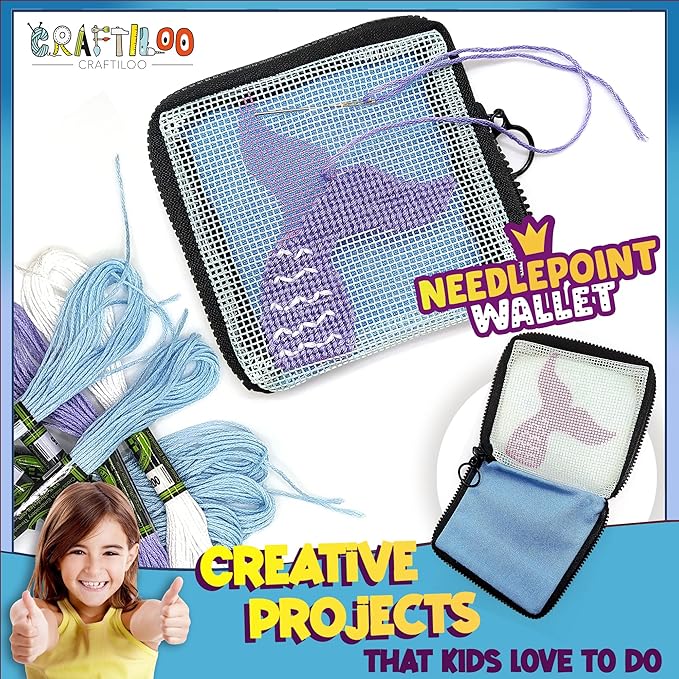 Pre Printed Needlepoint Wallet Kit for Kids Embroidery Arts and Crafts Set Cross Stitch Sewing Kit (Mermaid)