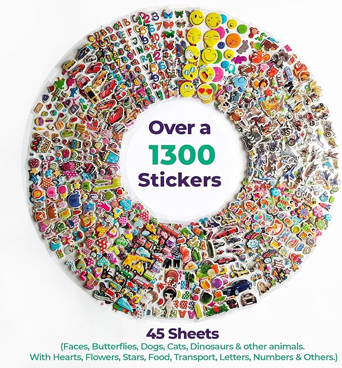 Puffy Stickers for Kids 45 Sheets - 3D Puffy Sheets - 1300+ Kids Stickers - Perfect for Party Bag Fillers, Sticker for Scrapbooking, Fun with Sticker of Cars, Letters, Numbers, Dinosaur, Stars & More