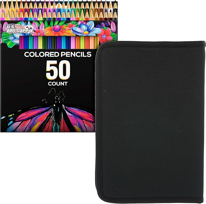 U.S. Art Supply 50 Piece Adult Coloring Book Artist Grade Colored Pencil Set with Zippered Storage and Carrying Case - Vibrant Colors, Smooth Art Drawing, Sketching - Kids, Students, Adults, Beginners