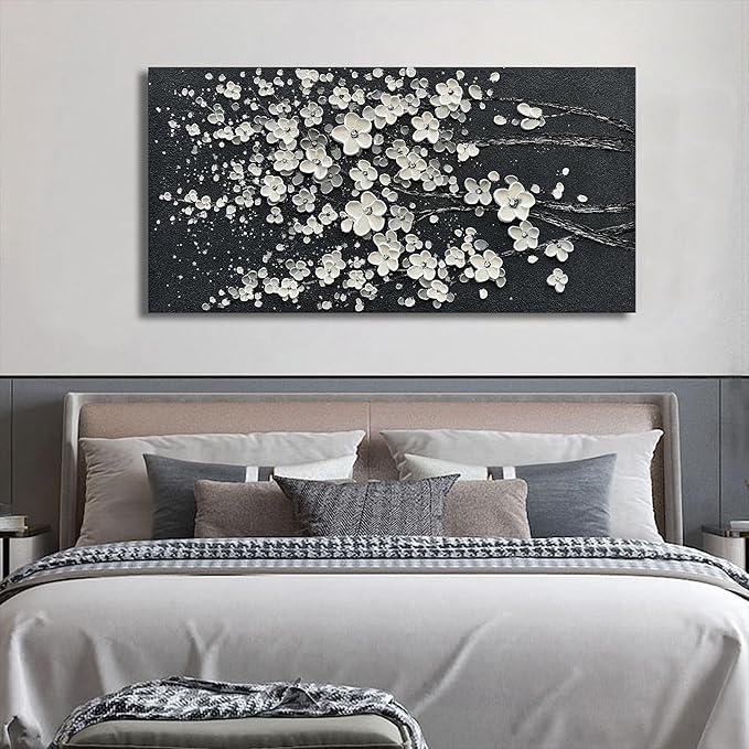 Art 24x48 Inches Hand-Painted White Flower Tree Art Oil Painting Modern Abstract Home Wall Decoration