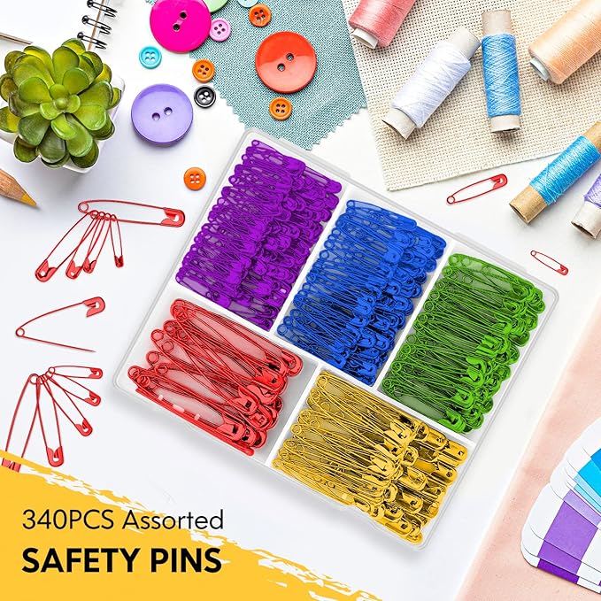 Safety Pins Assorted, 340 Pack 5 Different Sizes Small and Large Safety Pin for Clothes Costume Sewing, Nickel Plated Steel, Arts and Crafts Supplies, 5 Colors