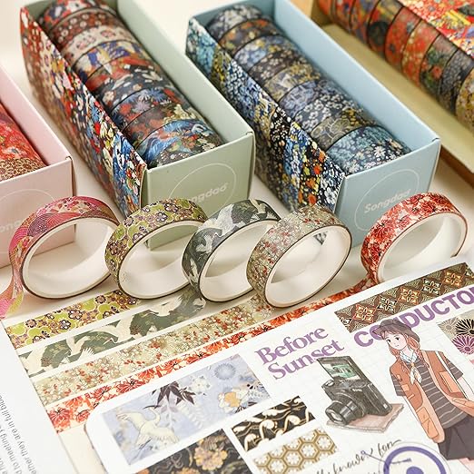 10 Rolls Ukiyo-e Style Washi Tape Set Japanese Kyoto Arts Adhesive Tapes Skinny Decorative Masking Tape Sets for Craft, Kids, Scrapbook, DIY, Gift Wrapping (Blooming Heritage)