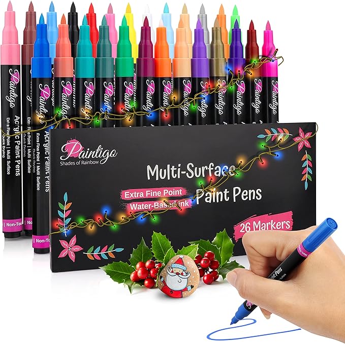 PAINTIGO Extra Fine Acrylic Markers – 26 Paint Pens for Rock Painting, Canvas, Wood, Glass, Ceramic, Fabric, DIY Crafts, Scrapbooking, Drawing, Detailing, Art Supplies