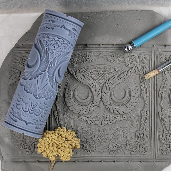 Owl Clay Texture Roller (4") - Bird Set #01 - Embossing Pattern Roller for Polymer & Ceramic Clay, Pottery & Crafts