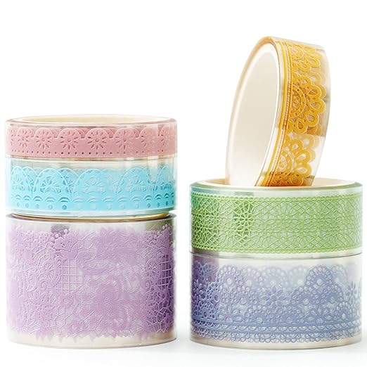 6 Rolls Lace Patterns PET Tapes Floral Arts Decorative Tape Set Adhesive Transparent Masking Tapes for DIY Craft, Kids, Scrapbook, DIY, Gift Wrapping, Journal (Lustrous Glass)