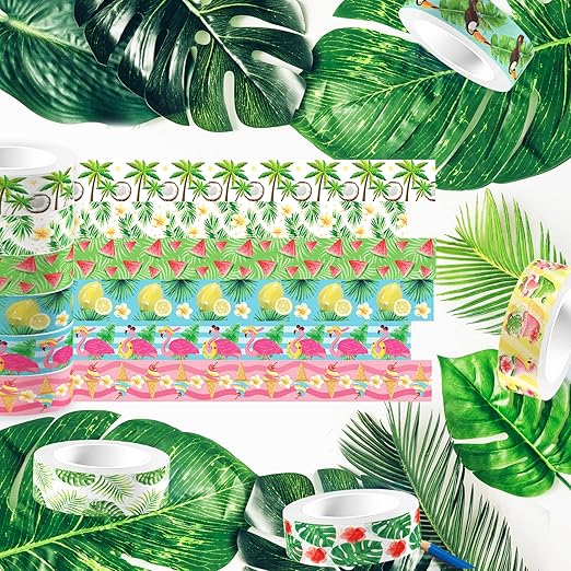 Adirasenotek Hawaiian Washi Tape 12 Rolls Flamingo Lemon Watermelon Aloha Masking Tape Hawaiian Theme Decorative Paper Stickers Tape Sticker,for DIY Crafts and Scrapbooking