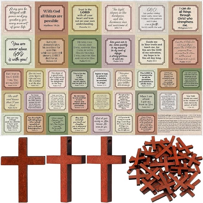 Pocket Prayer Quilt Panel Squares with Small Wooden Crosses Mini Scripture Pocket Prayer Quilt for Friend Family Religious Spiritual Gift Easter Reward Gift(Retro2,Brown)