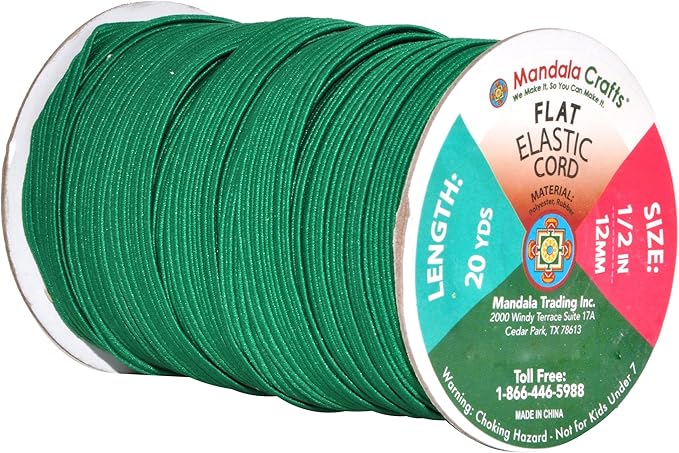Mandala Crafts 12mm 20 Yds Roll of Green Elastic Bands for Sewing - 1/2 Flat Elastics Cord - 1 2 Inch Braided Stretch Straps for Crafting
