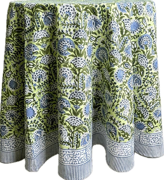 ATOSII Amara 100% Cotton Round Summer Tablecloth, Handblock Print Floral Table Cloth for Kitchen Dining Linen I Parties, Weddings, Outdoors I Grand Millennial Farmhouse Home Decor 90" Inches Round