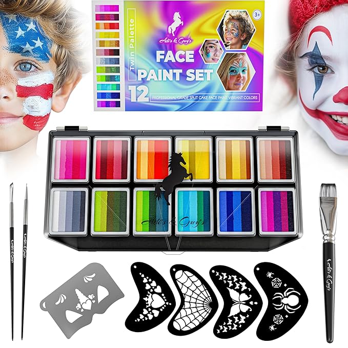 Face Paint Kit for Kids – Twin Palette with 12 Split Cake Colors, 3 Brushes & 5 Reusable Stencils – Non-Toxic, Paraben-Free, Easy to Use & Wash Off – Ideal for Parties, Halloween & Playtime.