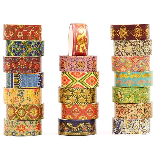 20 Rolls Chinese Style Washi Tape Set, Ancient Palace Pattern Decorative Masking Tapes with Gold Foil, Oriental for Craft, Scrapbook, DIY, Gift Wrapping (23-Dancing Phoenix Grace)