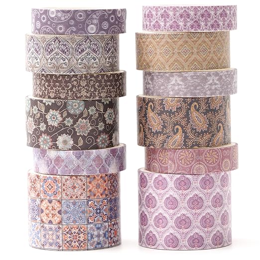 12 Rolls Exotic Charm Washi Tape Set Floral Arts Adhesive Tapes Geometric Garden Decorative Masking Tape Sets for Craft, Kids, Scrapbook, DIY, Gift Wrapping (Amethyst Elegance)