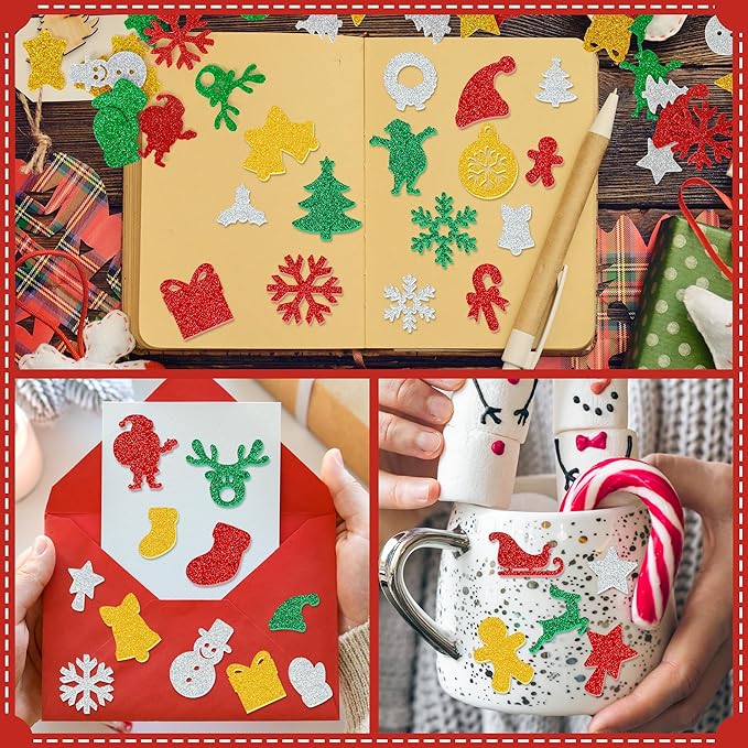 300 Pcs Christmas Foam Stickers Bulk, Self-Adhesive Christmas Stickers DIY Craft, Glitter Santa Claus Snowman Snowflake Pattern, Xmas Party Favors Winter Holiday Decorations