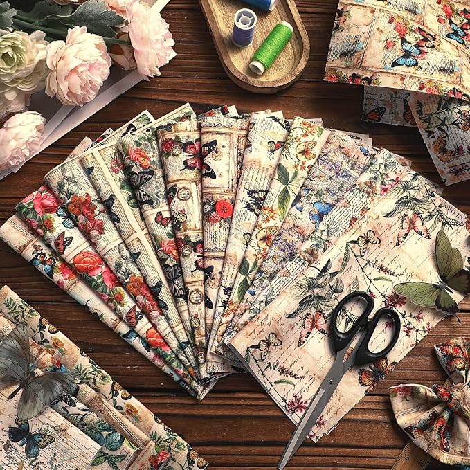 HunnmingRe 20 Pcs 10''x10'' Vintage Butterfly Quilting Fabric Square Retro Butterfly Floral Quiltted Fabric Bundle Multicolor Precuts Printed Patchwork Supplies for Holiday DIY Sewing Craft