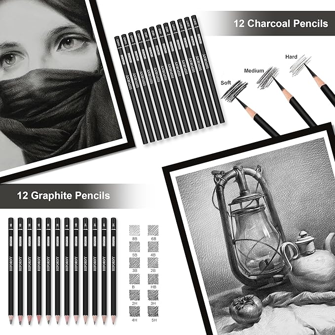 HIFORNY 120 PCS Drawing Set Sketching Kit, Art Supplies with 3-Color Sketchbook,Coloring Book,Rainbow,Colored,Watercolor,Metallic,Graphite,Black & Colored Charcoal Pencils,Blending Tools and More