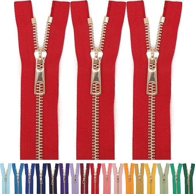 #5 Gold Metal Zipper - 50+ Colors - 3 PCS - (4-14 inches) Sizes - Luxury Lightweight Handcraft Metal Zippers with pulls for Purses Bags Pockets Shoes Sewing & Crafts DIY ZP02175