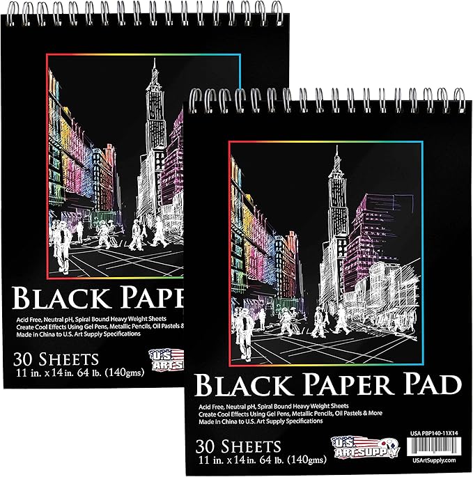 U.S. Art Supply 11x14 Premium Heavy-Weight Black Paper Sketchbook, 64lb (140gsm), 2 Pack, 30 Sheets, Spiral Bound, Black Paper Notebook for Colored Pencil, Markers, Oil Pastels, Chalk, Charcoal