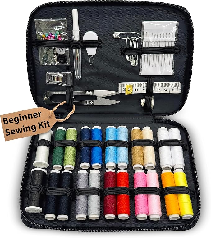 Beginner Hand Sewing Kit with Portable Case – Sewing Supplies for Adults & Kids – 22 Thread Spools, Needles, Scissors, Thimble, Measuring Tape & More – Perfect for Home, Travel & Emergency Repairs