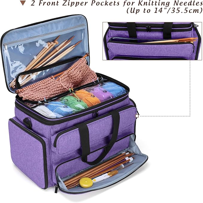 Yarwo Knitting Yarn Bag, Portable Crochet Storage Tote with Double Top Cover and Yarn Holes for Knitting Needles(Up to 14”), Unfinished Projects and Skeins of Yarn, Purple