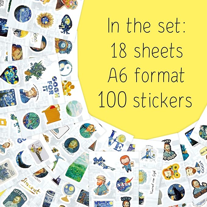 BulbaCraft 100Pcs Van Gogh Stickers for Water Bottle and Laptop - Van Gogh Party Supplies & Decorations, Waterproof Vinyl Decals, Art and Museum Stickers, Gifts for Women & Men