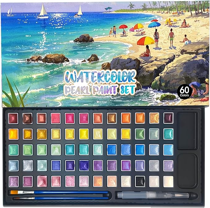 2ml Large Capacity Metallic Watercolor Paint Set, 36/60/84 Color Metallic/Pearlescent/Glitter/Color Shifting/Shimmer Water Color Paint for Adult Kids with 2 Paintbrushes (60colors)