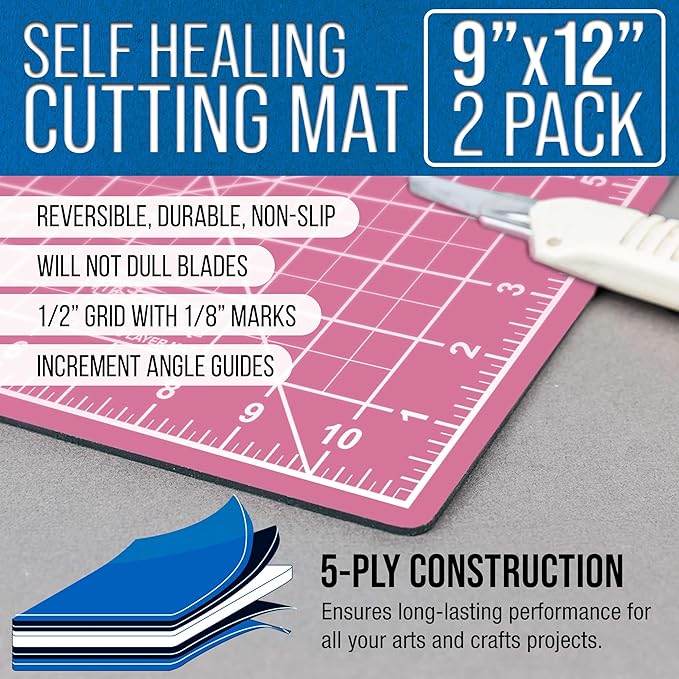 U.S. Art Supply 9" x 12" Self-Healing Cutting Mat 5-Ply (2 Pack) - Double-Sided Pink/Blue Craft Mat, Non-Slip Cutting Mats for Crafts, Sewing, Quilting, Scrapbooking