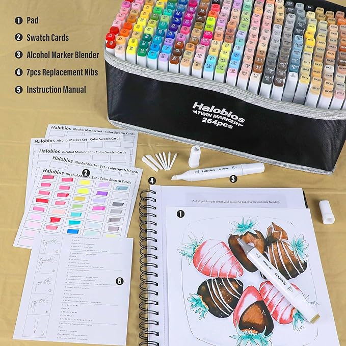 264 Alcohol Markers, Dual Tip Fine & Broad Drawing Markers Alcohol Marker Set with Case, Art Marker for Adults Coloring Artists Drawing Sketching Card Making and Illustration