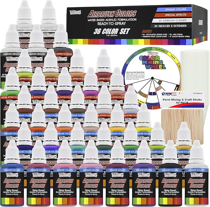 U.S. Art Supply 36 Color Deluxe Acrylic Airbrush, Leather & Shoe Paint Set with Cleaner, Thinner, 50-Plastic Mixing Cups, 50-Wooden Mix Sticks and Color Mixing Wheel
