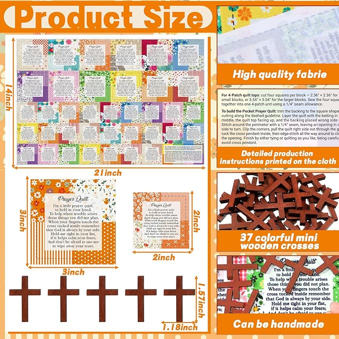 Pocket Prayer Quilt Panel Squares with Small Wooden Crosses Mini Scripture Pocket Prayer Quilt for Friend Family Religious Spiritual Gift Easter Reward Gift(Vivid1,Burlywood)