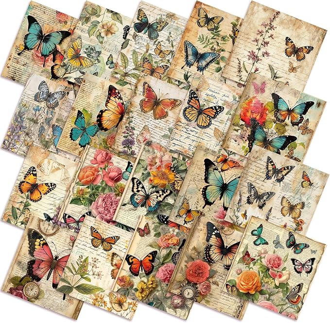 HunnmingRe 20 Pcs 10''x10'' Vintage Butterfly Quilting Fabric Square Retro Butterfly Floral Quiltted Fabric Bundle Multicolor Precuts Printed Patchwork Supplies for Holiday DIY Sewing Craft