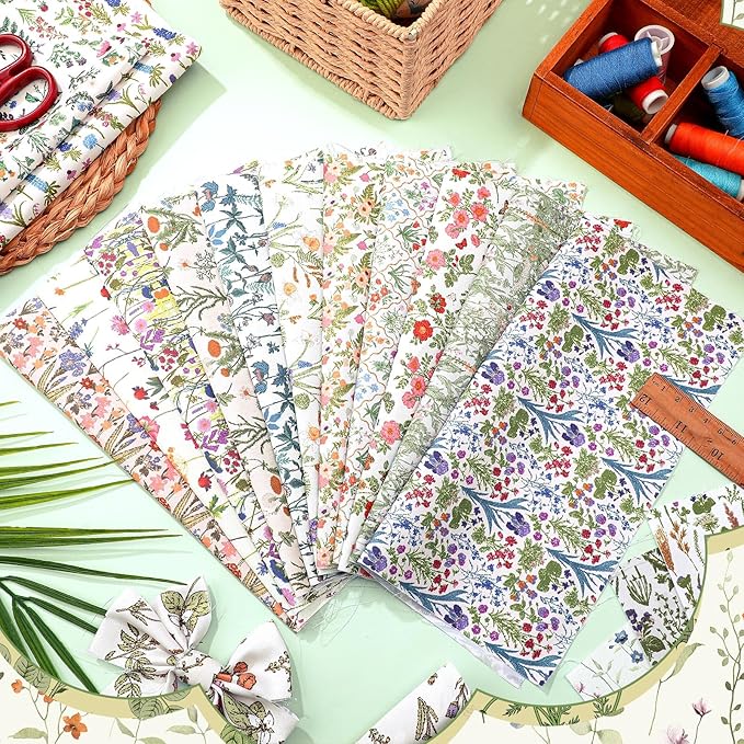 HunnmingRe 20 Pcs 10''x10'' Wildflower Quilting Fabric Square Wildflower Quiltted Fabric Bundle Multicolor Precuts Printed Patchwork Supplies for Holiday DIY Sewing Craft