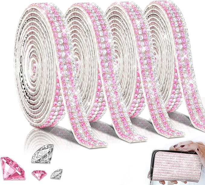 4 Rolls Rhinestone Tape Self Adhesive Crystal Ribbon Diamond Bling Strips with 2 mm Glitter Sticker for Arts Crafts Wedding Birthday Party DIY Event Car Phone Decoration (Silver+Pink)