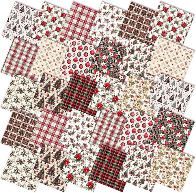 60 Pcs 10 x 10 Inch Vintage Poinsettia Christmas Quilting Fabric Christmas Fat Squares Patchwork Precut Red Buffalo Plaid Fabric Bundles for Xmas Winter Quilting Crafting DIY Craft Sewing