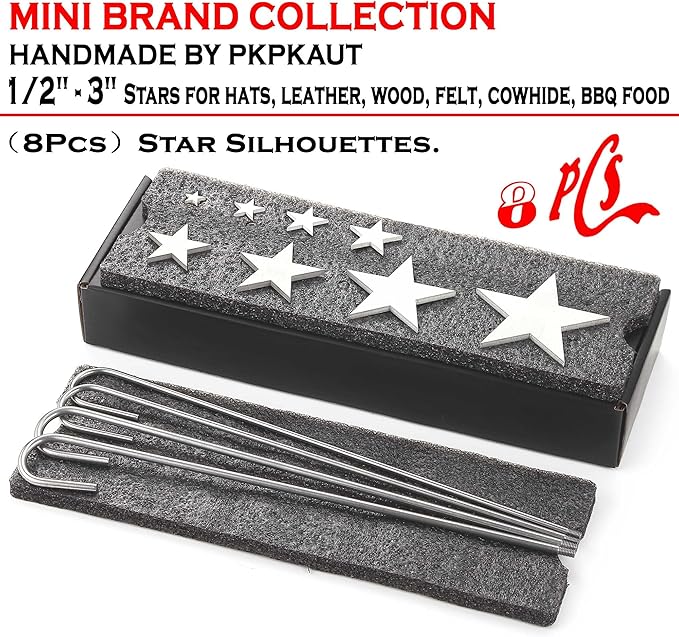 8Pcs Mini 1/2"-3" Branding Irons, Star Silhouettes Custom Wood Branding Iron Personalized for Wood Working, Leather Hats, Felt, Cowhide, BBQ Brander & Bread Logo, Steak Branding Iron for Food