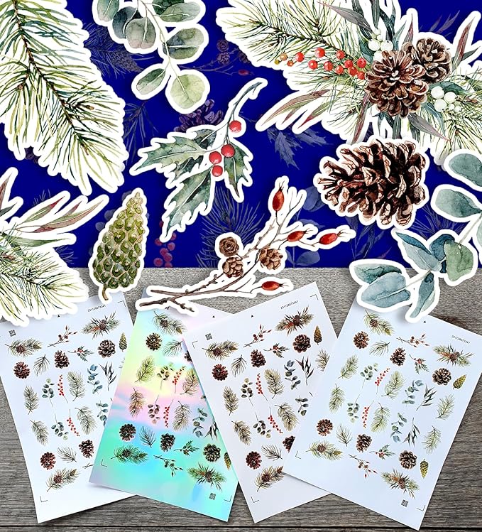 Stickers Pack (Over 150 Stickers) Beautiful Illustrations of Parts of a Pine Tree Vintage Styled Small Vinyl Stickers White Hologram Transparent