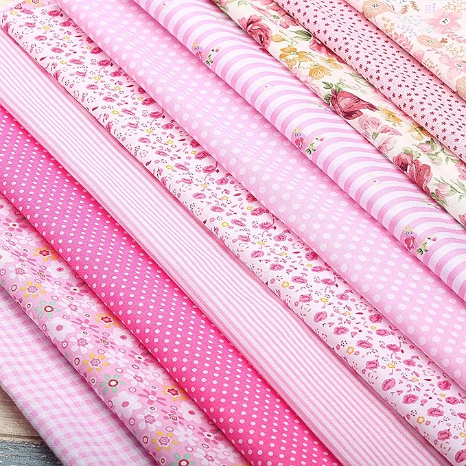 Boao 10 Pcs 20'' x 20'' Cotton Fabric Bundles, Pink Quilting Patchwork Pre-Cut Squares, Floral, Stripes, Gingham, Polka Dots Prints, Sewing Fabrics for DIY Handmade Crafting Home Party Decorations