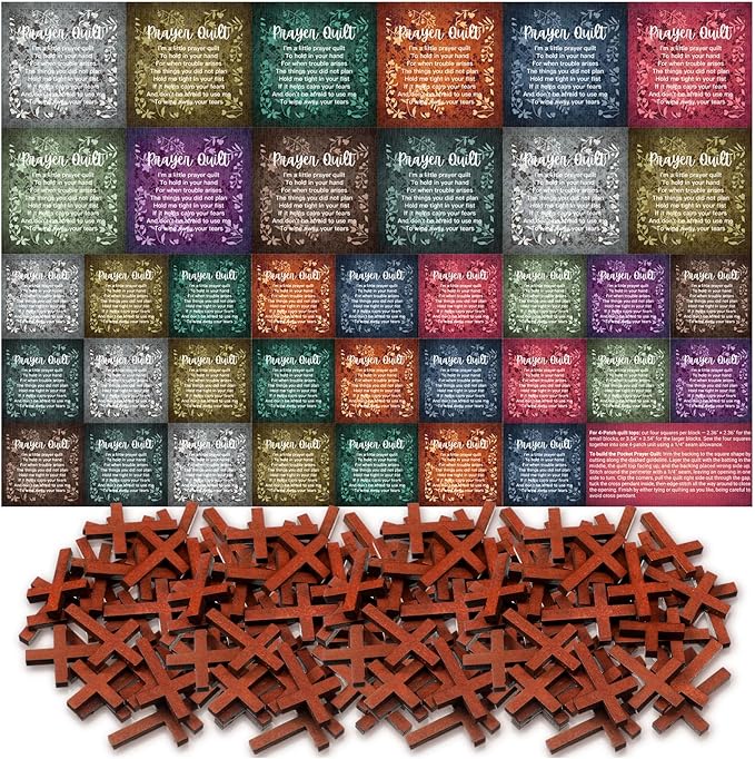 Pocket Prayer Quilt Panel Squares with Small Wooden Crosses Mini Scripture Pocket Prayer Quilt for Friend Family Religious Spiritual Gift Easter Reward Gift(Retro,Brown)