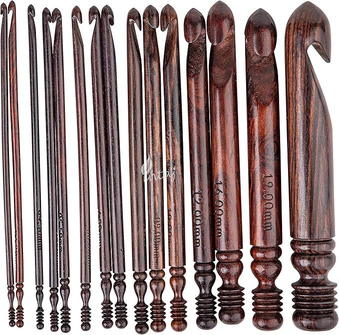 INTAJ Rosewood Jumbo Crochet Hook Set Handmade, 15 Sizes Upto 25MM Wooden Crochet Hooks for Knitting, Size Engraved - Wooden Yarn Bowl Crochet Hook Accessories (Set of 10 3.5-19mm, Rosewood)
