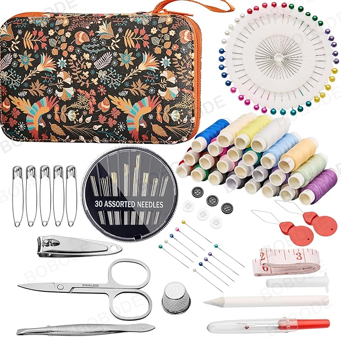 130 PCS Printing Sewing Kit with Sewing Supplies Accessory,Boho Pattern Sewing Set with Zipper Sewing Case, Professional PU Sewing Kit for Adults, Travel,Emergency, Home