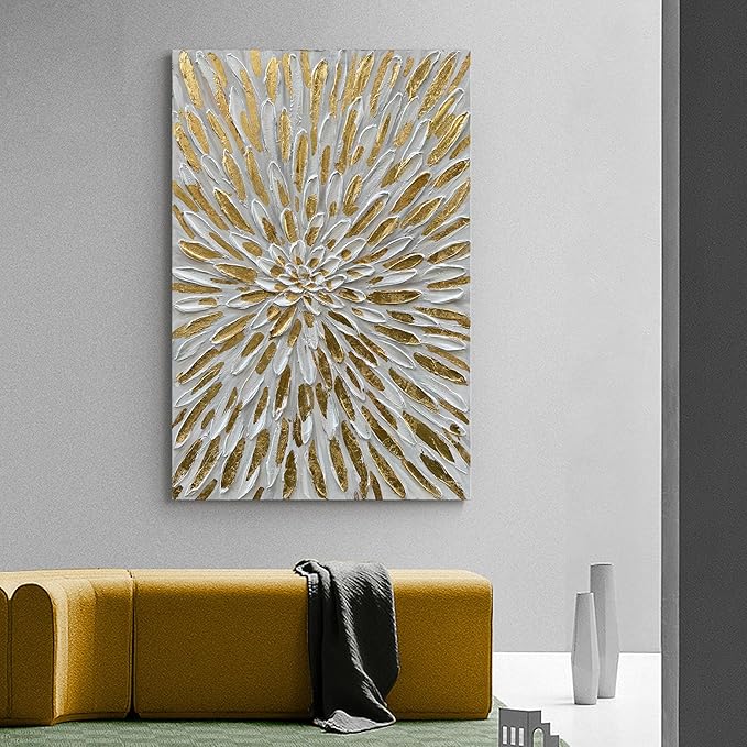 Art Hand-Painted Gold Texture Oil Painting White Flowers Modern Abstract Art Painting 45x30 inch Home Wall Decorative Art
