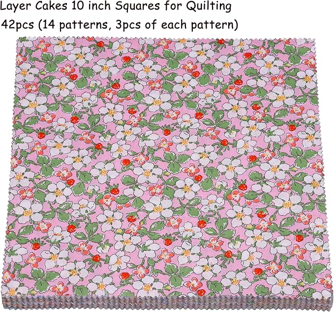 Layer Cakes 10 inch Squares for Quilting; Layer Cake Fabric for Quilting 10 inch; 42 10 x 10 inch Spring Floral Print Precut Cotton Fabric Squares Bundles for Sewing & Quilting Beginners