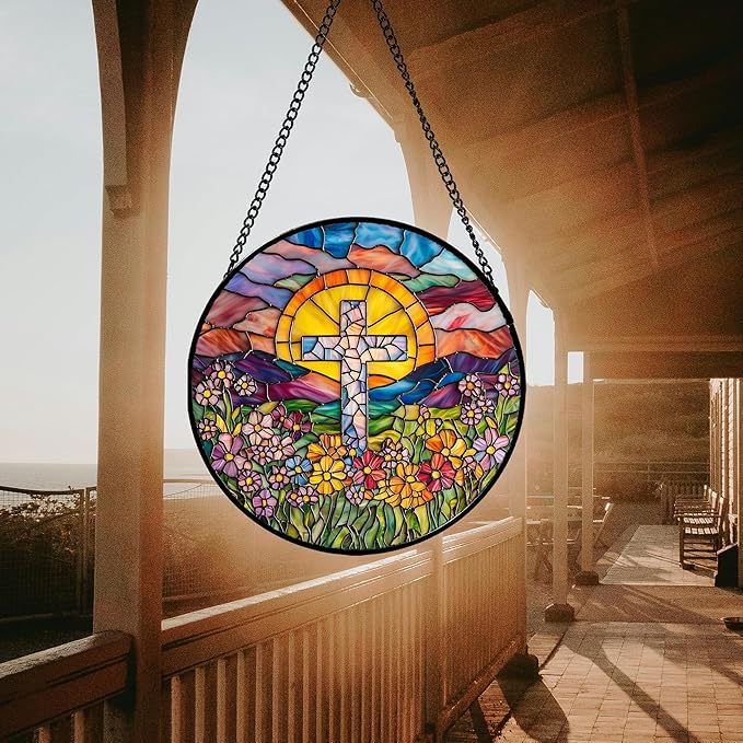 Stained Glass Window Hanging - Cross Flower Sea Sun Catcher for Door Terrace Garden Home Decor, Mountains Landscape Suncatcher Birthday Gifts for Lovers Women Men Dad Mom Nana 9.8 in