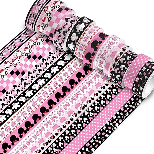 12 Rolls Cartoon Mouse Washi Tape Set - 0.6 Inch x 16.4 Ft Each, Pink Cute Mouse Design Decorative Paper Tape for Scrapbooking, Gift Wrapping, DIY Crafts & School Supplies