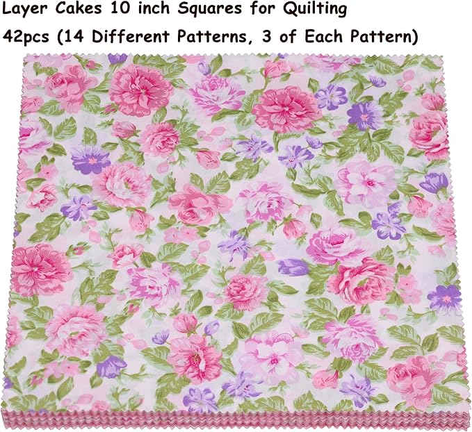 42Pcs 10" Layer Cakes, Pre-Cut 10x10 Fabric Quilt Squares Bundles for Sewing Patchwork, Quilting Supplies, Layer Cake Fabric for Quilting 10 inch - Pink