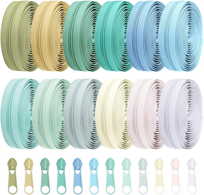 Syhood 36 Yards 12 Pieces #5 Sewing Zippers Tapes Assorted Nylon Lightweight with 120 Plastic Zipper Sliders for Women Men Sewing Supplies(Pale Color)