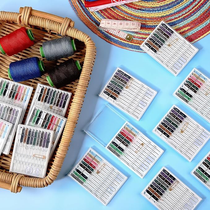 MTLEE 14 Boxes 140 Pieces Mini Quick Fix Sewing Kit Easy Pre Threaded Needle Basic Personal Kit Plastic Threaded Needle Holder Small Home Travel Sewing Box with Pin Button Classic Color