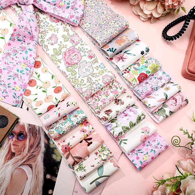 Ganeen 100 Pcs Pink Purple Floral Quilting Fabric Roll 2. 56 Inch Fabric Squares Jelly Patchwork Precut Strips Bundles for Holiday Materials Craft DIY Sewing Cloths